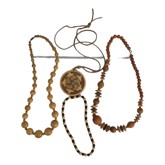 Hand Carved Jewelry - African Vintage Wooden Jewelry Beads Medallion Set Bundle